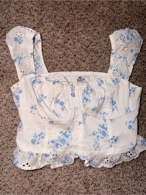 Hollister White Crop Top with Light Blue Floral Eyelet